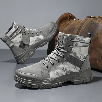 [ZHENYUEZU Tactical Boots] ZHENYUEZU Men's Tactical Boots | Non-Slip PVC Outsole, Beige/ Camouflage Colorway, Lace-Up Closure | PU & Fabric Upper Outdoor Boots for Hiking, Hunting, Everyday