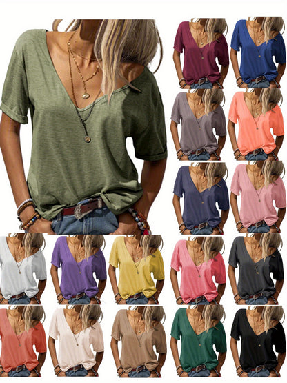 Casual Loose Basic T-Shirt for Women with a Deep V-Neck And Short Sleeves