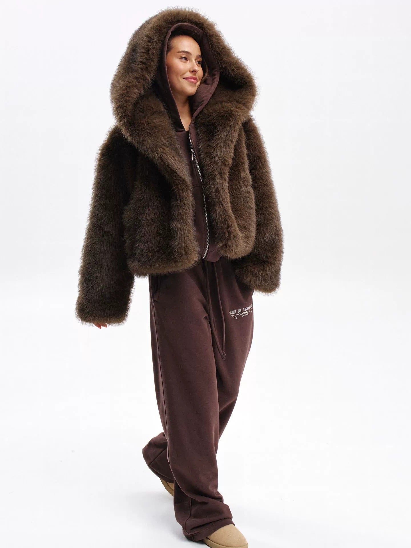 2026 Winter Women'S Pink Faux Hooded Coat, Warm Artificial Fox Overcoat, Stylish Plush Jacket