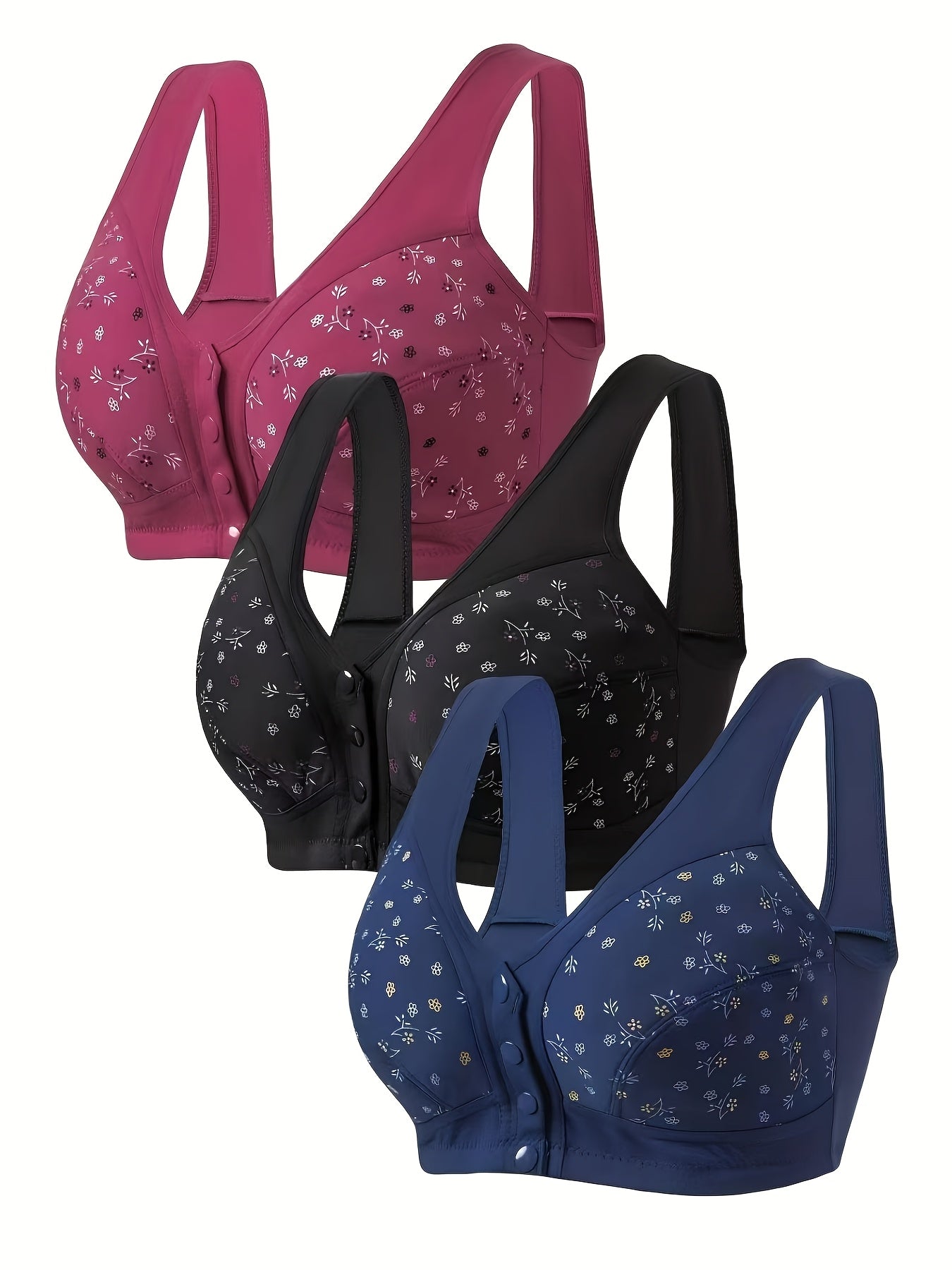 3pcs Plus Size Printed Front-Closure Bra Set Elegant Full-Cup Wire-Free Comfort Bras Women's Lingerie & Underwear Sets Everyday Bras Fashion Underwear Skin-Friendly Fabric Soft Material Padded Bras Seamless Underwear