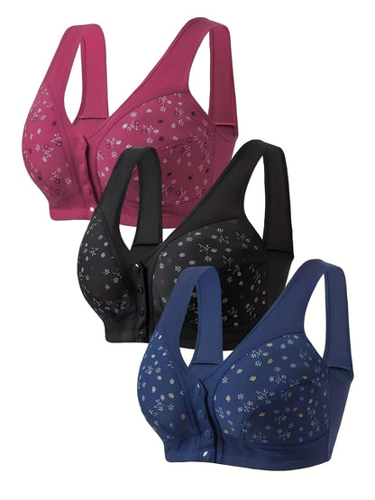 3pcs Plus Size Printed Front-Closure Bra Set Elegant Full-Cup Wire-Free Comfort Bras Women's Lingerie & Underwear Sets Everyday Bras Fashion Underwear Skin-Friendly Fabric Soft Material Padded Bras Seamless Underwear