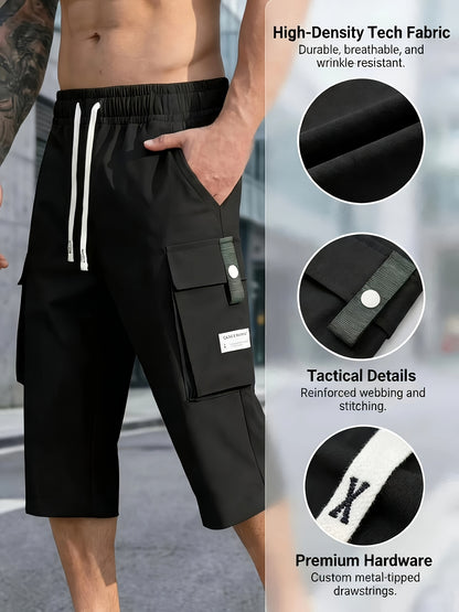 4pcs Men's Cargo Shorts with Ripstop Fabric & Multi-Pocket Design - Adjustable Waist, 7/8 Length Shorts Suitable for Outdoor Travel,, Sports, Casual Wear | Wristband Included | Machine Washable | Available in Black, Gray, Khaki, Army Green