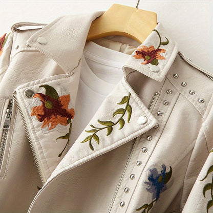 Women Floral Embroidered Moto PU Jacket Coat