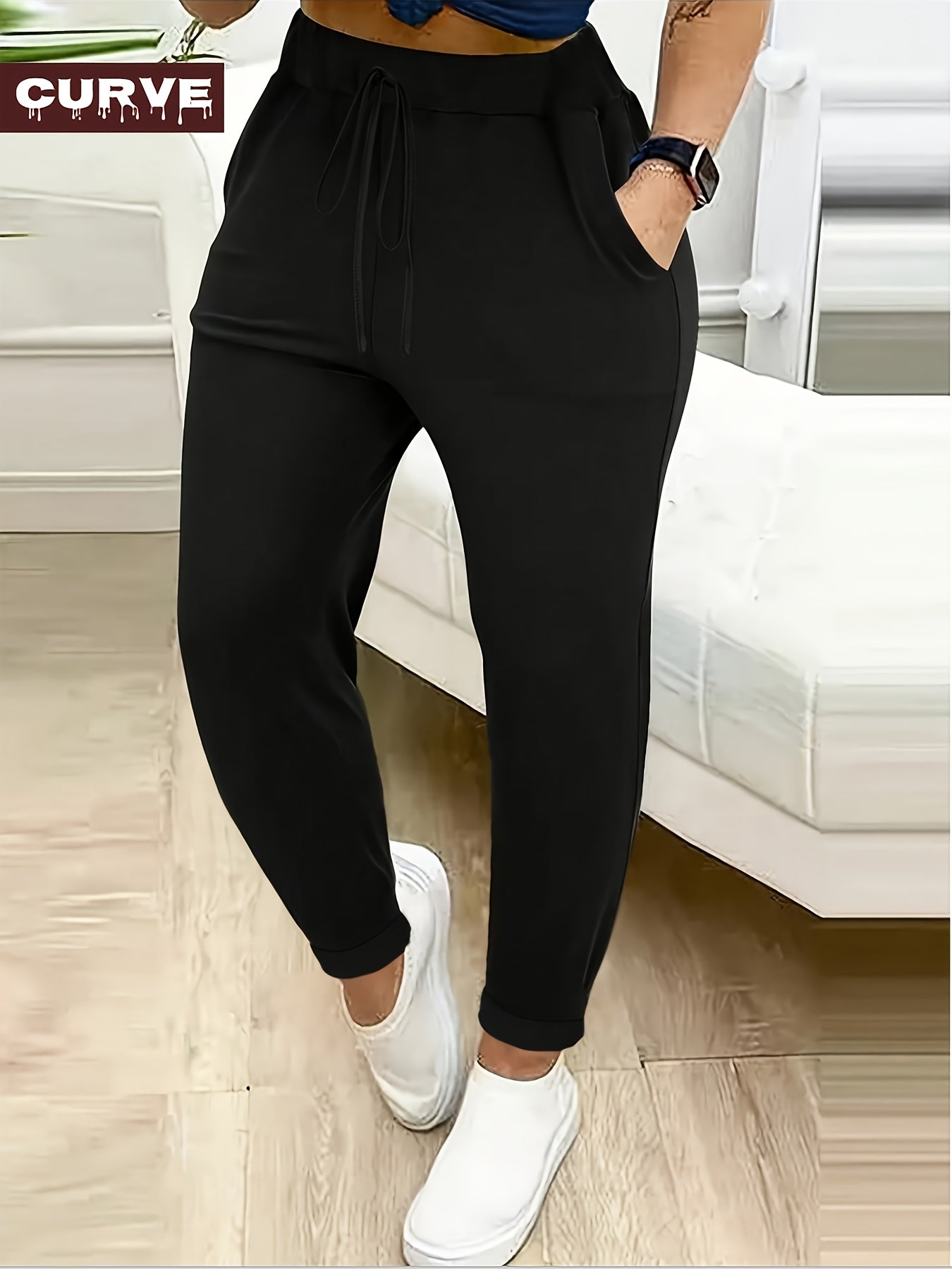 Plus Size - Plus Size Women'S Pants Spring Summer Curve Ladies Casual Pockets Solid Colour Tight Ladies Trousers Black Pants, Plus Size Women Pants