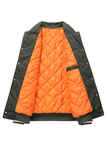 Men'S Plus Size Olive Green Varsity Jacket with Orange Accents - Thick, Warm, and Stylish for Fall/Winter, Baseball Collar, Button-Up Front, Side Pockets, Casual & Outdoor Wear, PLUS SIZE