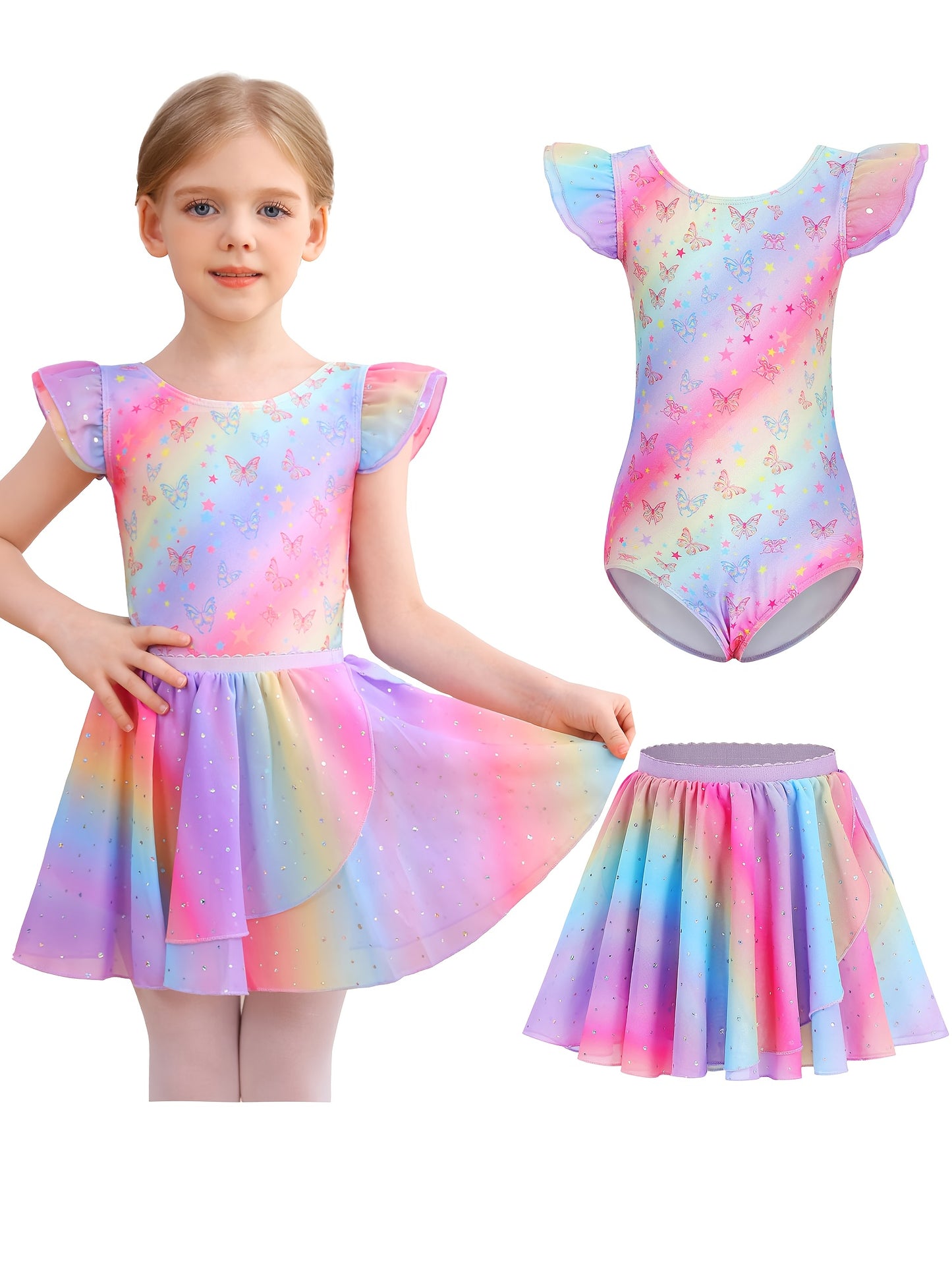 Summer New Kids' Dress, 1pc Of Gym Uniform, 1pc Of Skirt Set, Girls' Clothing Rainbow Flutter Sleeve Sequin Chiffon Dress Set, Children's Clothing Ballet Leotard, Perfect for Outdoor