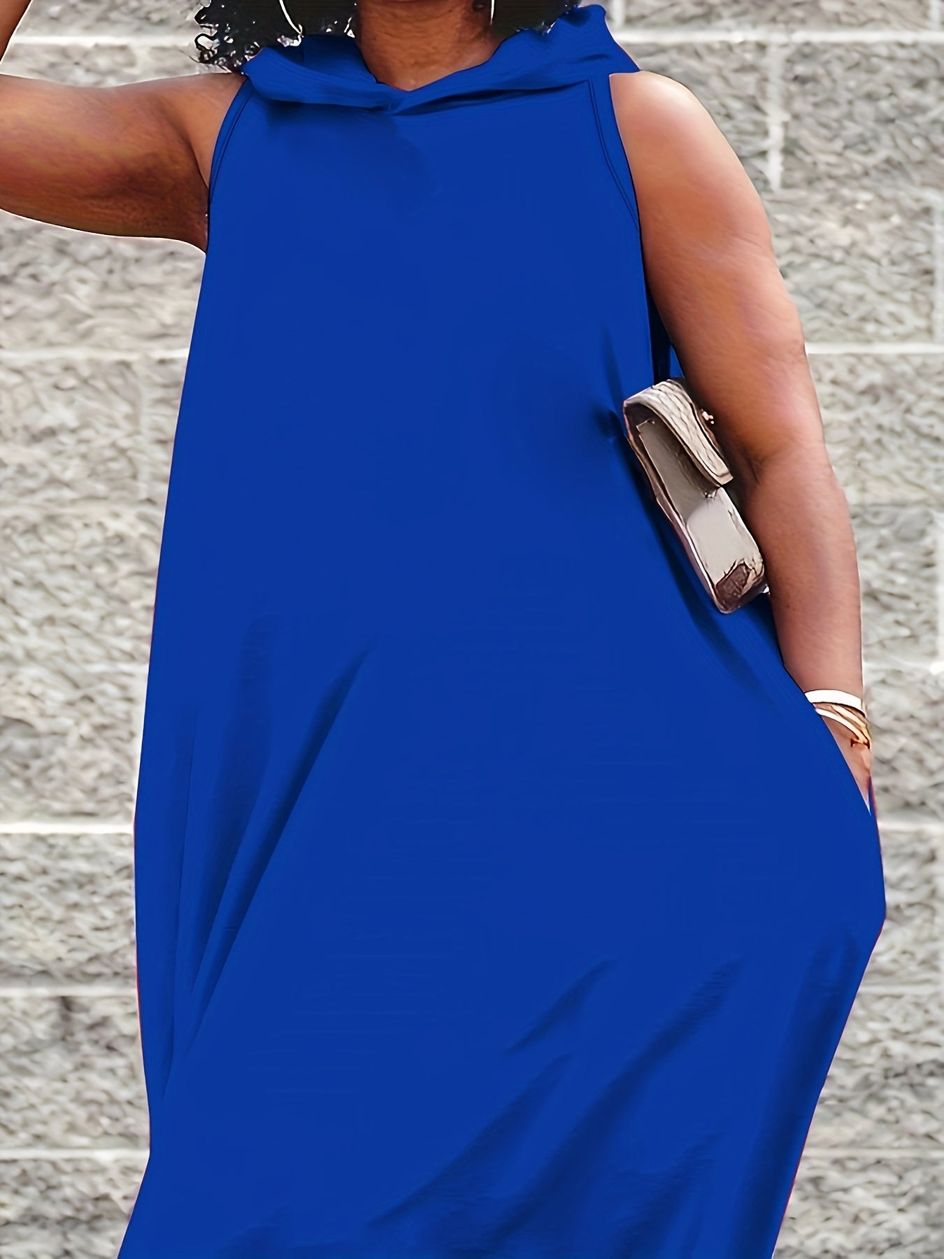 Plus Size, Elegant Side Slits, Hooded Design, Side Pockets, Plus Size Vest with Hooded Long Skirt, Solid Color Basic Simple Vest Long Skirt, Comfortable And Stretchy