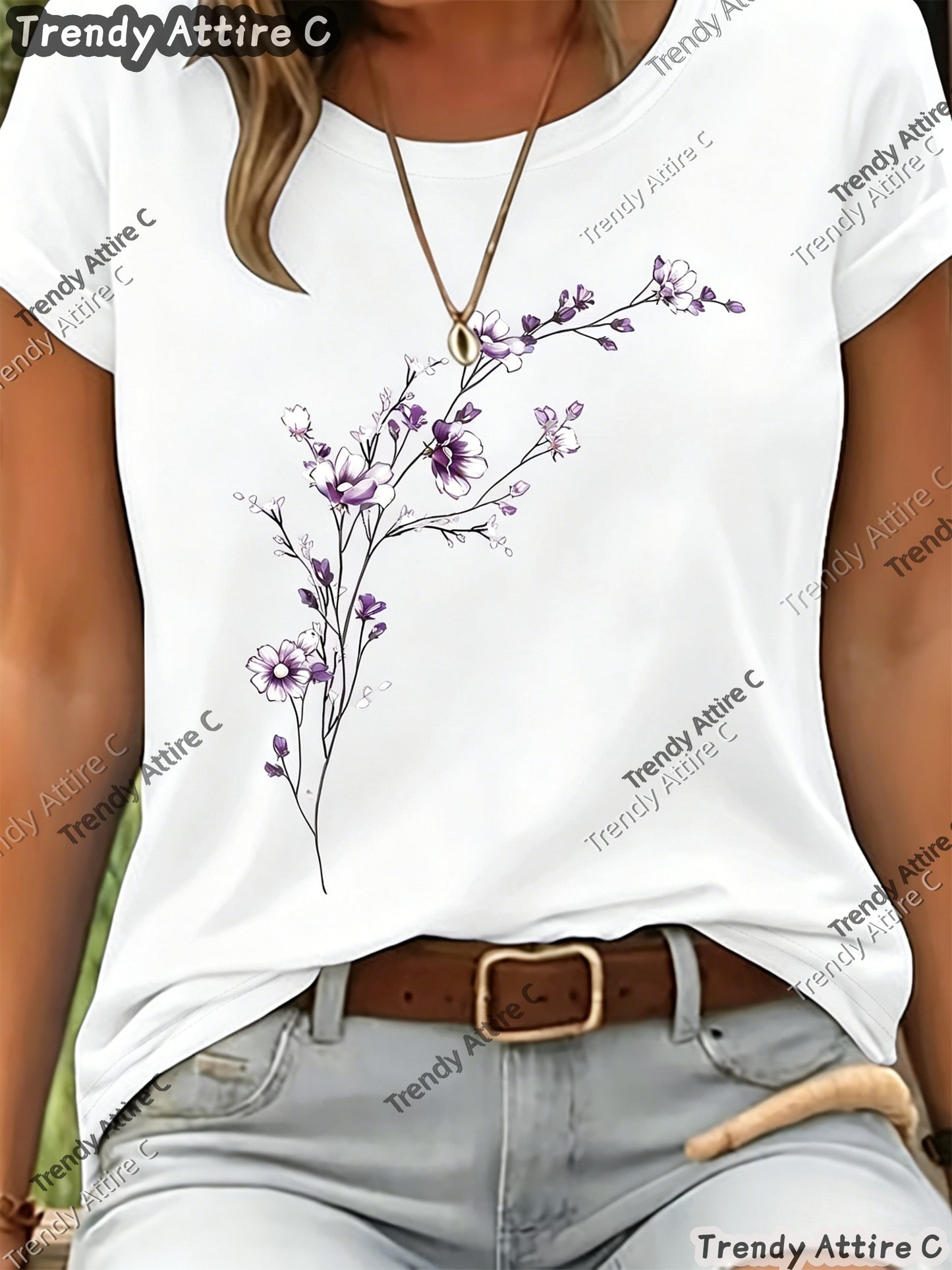 This Short-sleeved T-shirt Features A Purple Floral Print with A Horizontal Branch Pattern. It Has A Regular Fit And A Round Neck, Making It A Suitable Gift for Spring/summer. Perfect for Outdoor Casual Wear