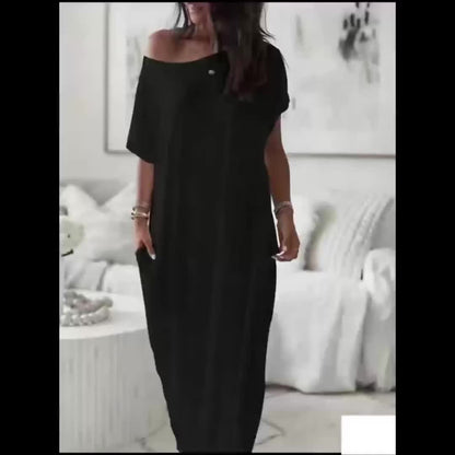 Relaxed Off-Shoulder Maxi Dress • Homebody-Themed Graphic Print • Suitable for Lounging, Outings, Or Gifting • Great Choice for New Year, Christmas, Valentine's Day, And More