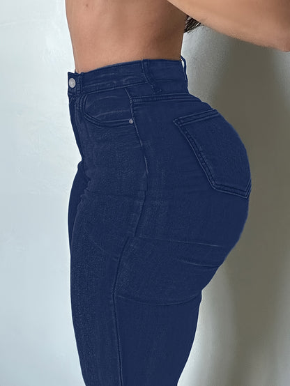 Women'S High Stretch Flare Zipper Jeans - Solid Color Street Style with Pockets, Four Seasons Comfortable Machine Washable Fabric, Functional Fashion Design, Comfortable Fit