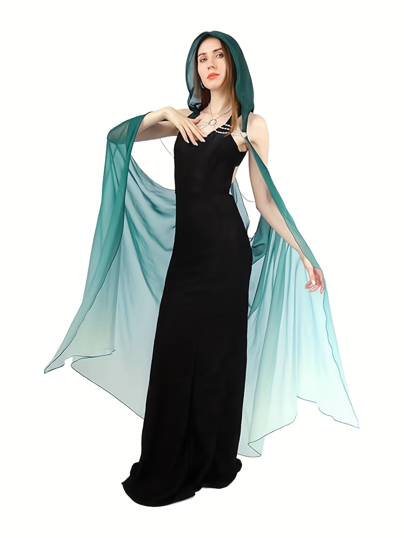 Full-Length Tulle Gothic Bridal Fairy Cloak with Hood for Women, Off-Shoulder Capelet