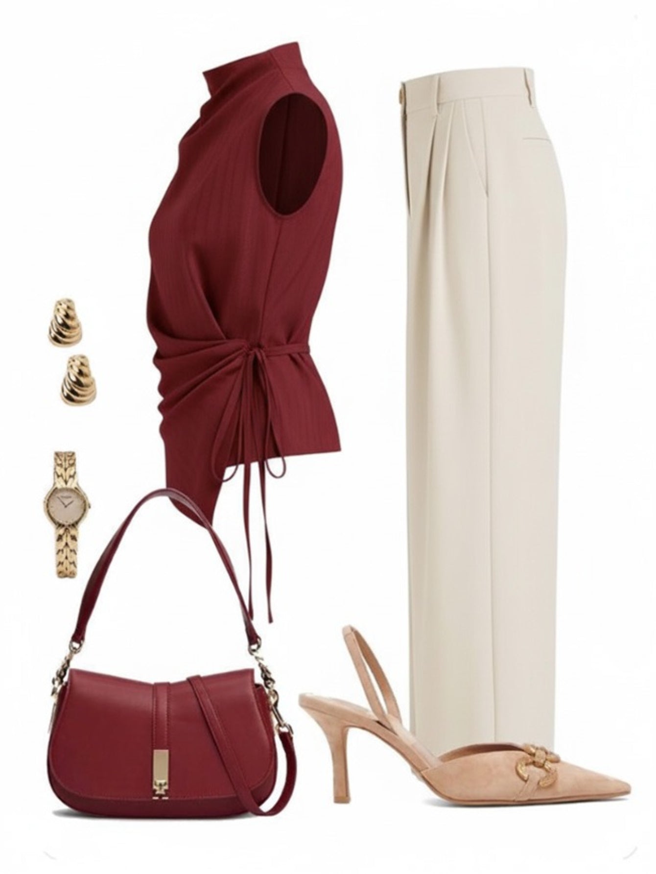 2pcs Set: Burgundy Sleeveless Drawstring Top And Wide-Leg Pants | Women'S | Elegant And Gentle Light Commuter Style Pieces, Suitable for The Workplace, Afternoon Tea Dates, And Spring/Fall Outfits. [Does Not Include Other Combination Items]