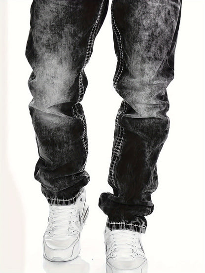 Men's Slim-Fit Straight-Leg Distressed American Snowflake Jeans - Vintage Wash Blue Denim Pants with Snowflake Pattern, Streetwear Style All-Season Casual Wear, Durable Fabric & Hand Washable