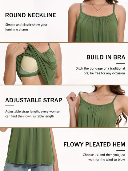 Vislivin Summer Women'S Camisole Tops with Built-In Bra - Seamless Sleeveless Tank Tops, Soft Flowy Loose Fit Cami with Adjustable Spaghetti Straps, Comfy Elegant Blouse for Casual Wear