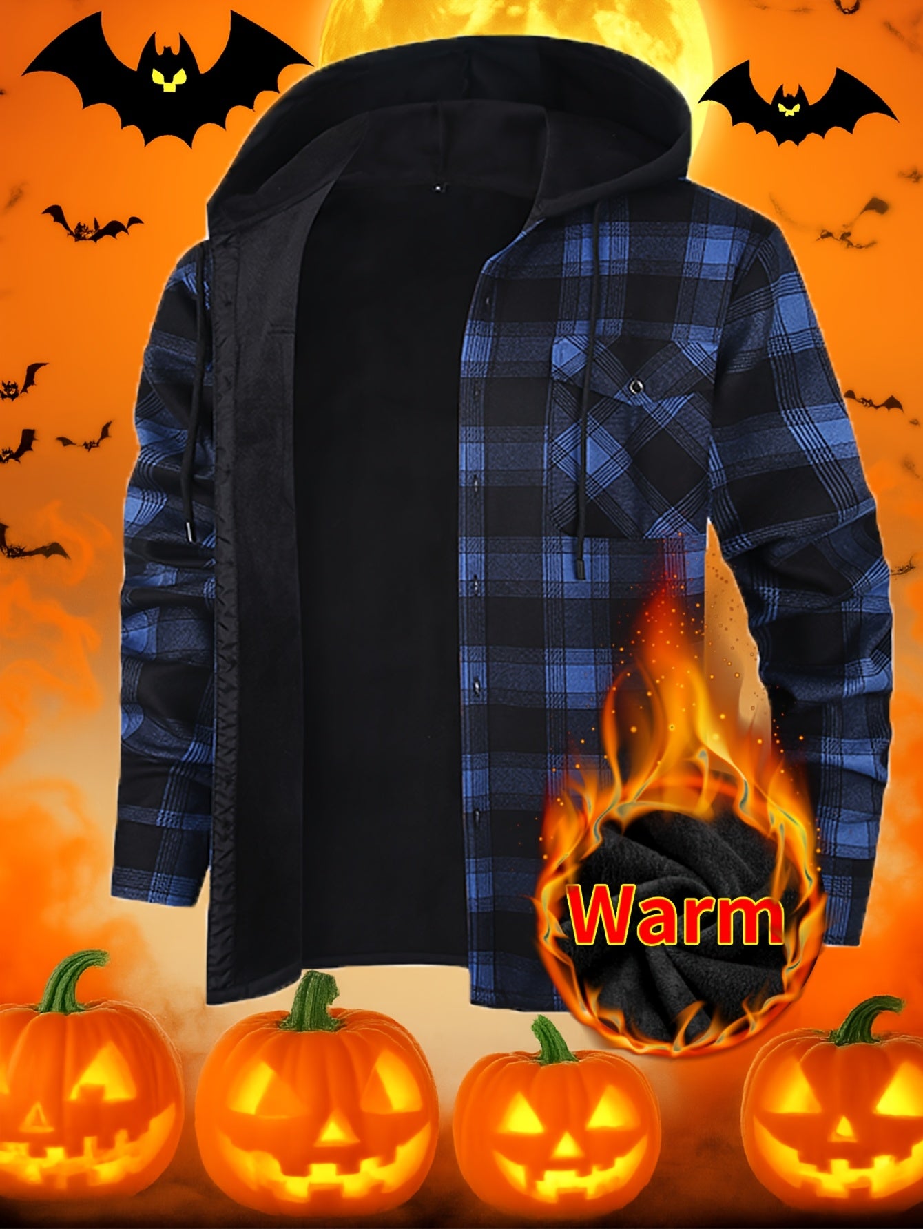Men's Hooded Heavy Winter Jacket - Plaid Shirt Jacket, Plaid Workwear, Long Sleeves with Pockets, Hand Washable, Suitable for Logging, Activities - Cold Weather Casual Wear, Men's Winter Outerwear, Men's Jacket, Halloween/Christmas Costume