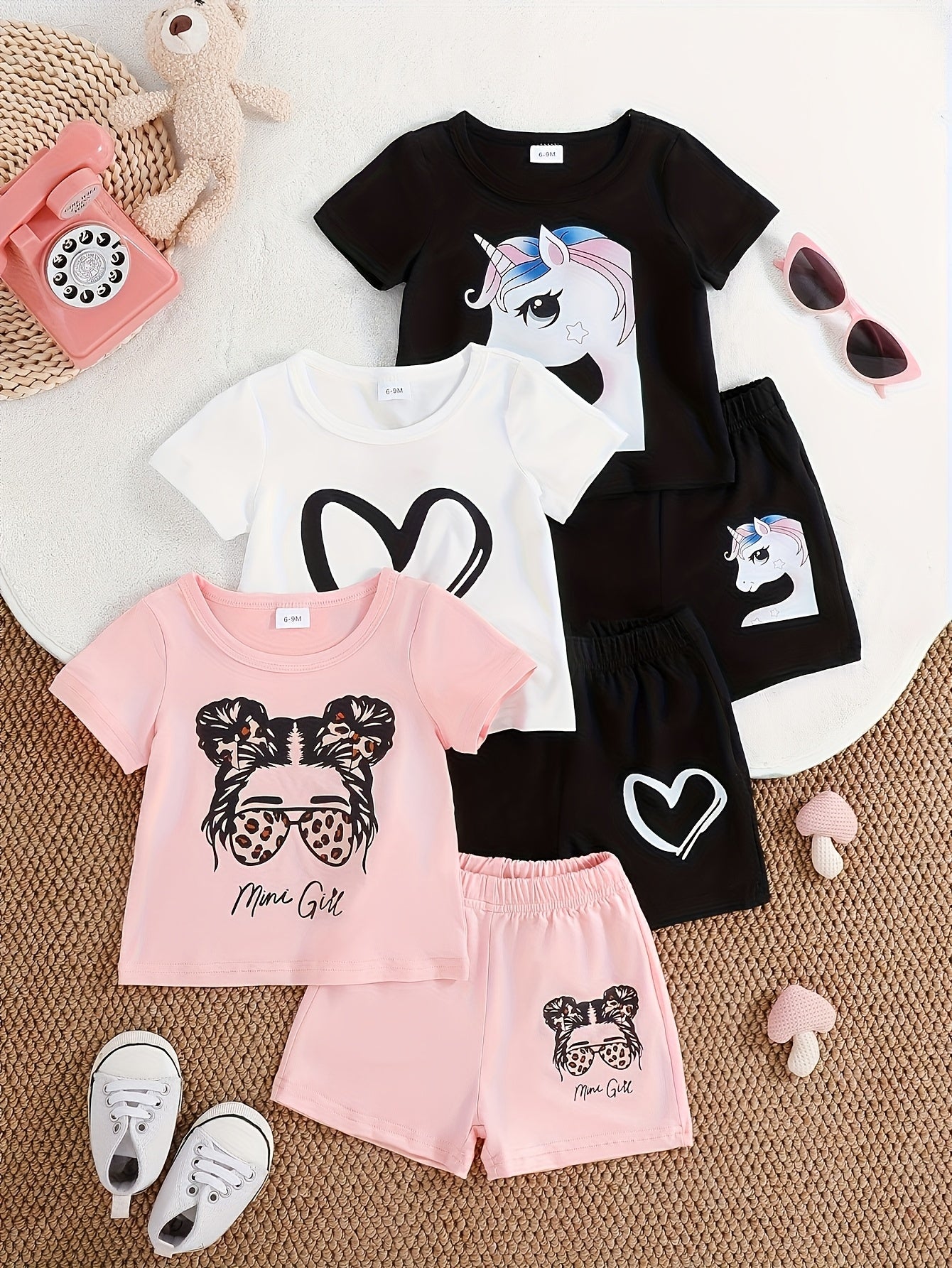 3 Set Shipped At Random, Baby Girl Clothes, Toddler Girl Summer Outfit Set, Soft Smooth High-Stretch Short Sleeve Cartoon Graphic Tee & Shorts, Cute Heart Unicorn Print Set Clothes for 6-36 Months, Perfect for Outdoor