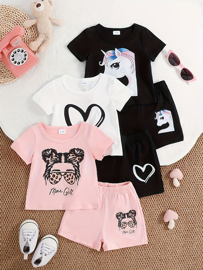 3 Set Shipped At Random, Baby Girl Clothes, Toddler Girl Summer Outfit Set, Soft Smooth High-Stretch Short Sleeve Cartoon Graphic Tee & Shorts, Cute Heart Unicorn Print Set Clothes for 6-36 Months, Perfect for Outdoor