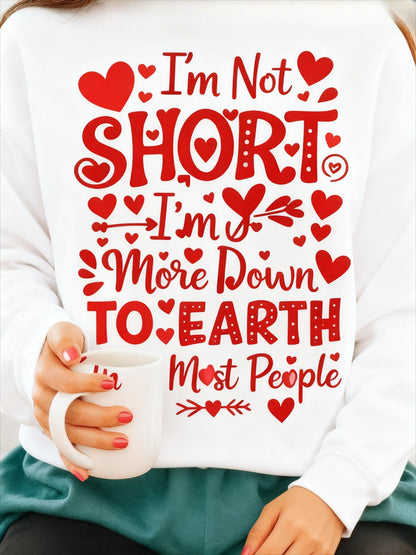 1 Women's Funny Quote Sweater, "I'm Not Short, I'm Just Closer to the Ground Than Most People" Crew Neck Pullover - Gray Casual Winter Sweater for Casual Attire - Machine Washable Fall/Winter Top, Cute Sweater, Humorous Casual Wear, Loose Fit Sweater