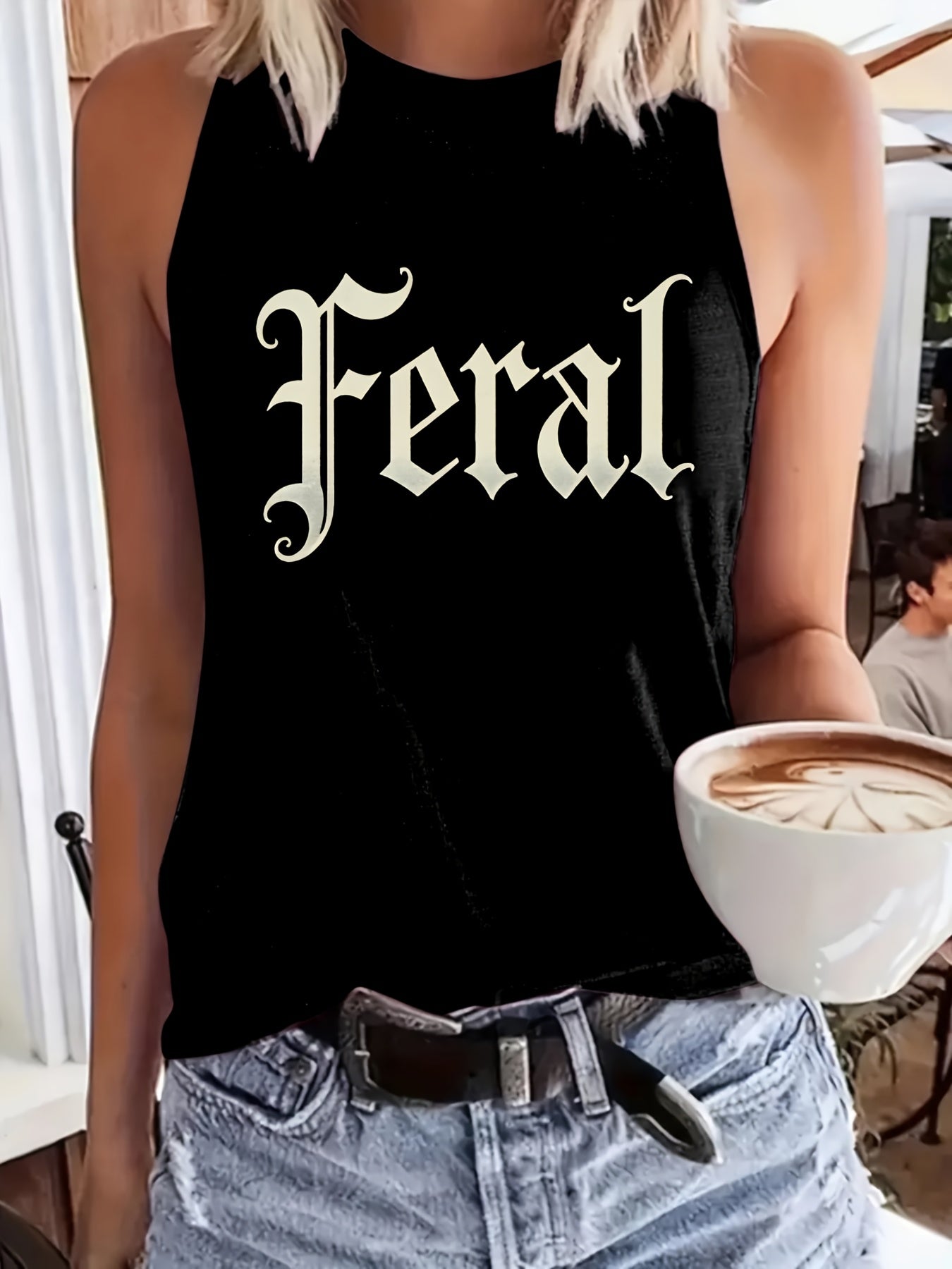 Women's Regular Vest, Wild Gothic Font Print Design Fun Cartoon Letter Pattern, Round Neck Casual, Machine Washable, Fashionable and Versatile Clothing
