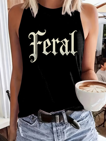 Women's Regular Vest, Wild Gothic Font Print Design Fun Cartoon Letter Pattern, Round Neck Casual, Machine Washable, Fashionable and Versatile Clothing