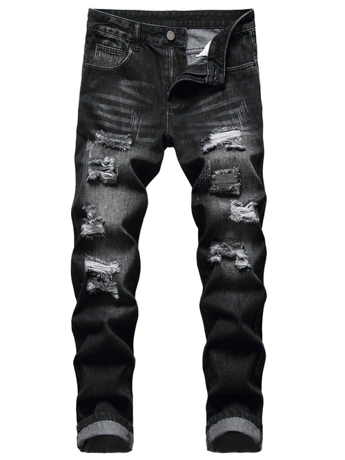 Men's Straight Leg Jeans - Black Denim Distressed