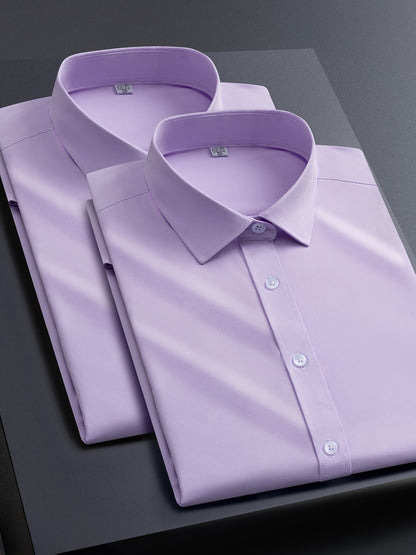 2pcs Men's Long Sleeve Dress Shirts - Elegant White, Stretchy Fabric, Business Casual, Unwrinkled, Single-Breasted with Lapel Collar, All-Season Wear, Casual Attire|Elegant Lapel Shirt|Stretchy Fabric