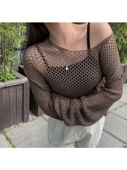 1pc, Hollow Round Neck Loose Sweater, Sunscreen/Commuting, Women Who Prefer Loose Casual Style, Women'S Top, Shoulder Sleeves And Loose Version, Versatile Sunscreen Blouse