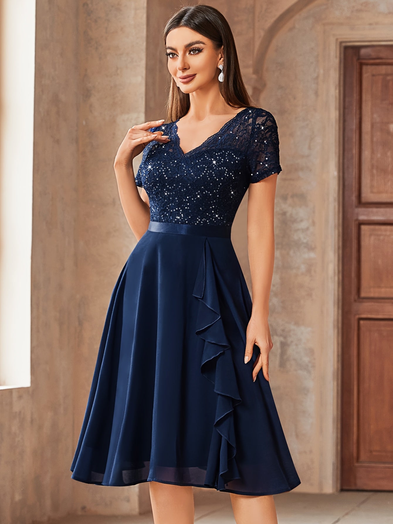 24224 Elegant Womens Sequin Lace Chiffon A Line Bridesmaid Dress, V Neck Short Sleeves, Ruched Ruffle Hem, Perfect for Graduation Season, Wedding Season, Summer Wedding Guest, Evening Party, Cruise Party And Birthday Celebration