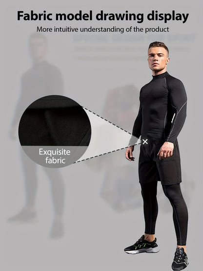 5 Breathable Quick-Dry Men'S Compression Long Sleeve Sportswear - High Stretch Polyester Blend Round Neck Top, Suitable for Running, Basketball, Gym and Casual Wear, Gym Shirt
