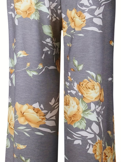 Women's Comfy Stretch Floral Print Drawstring Wide Leg Lounge Pant