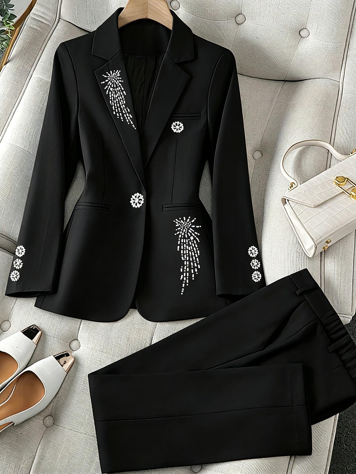 Women's 2pcs Rhinestone Embellished Suit Set, Elegant Lapel Blazer & Straight Pants, Black Formal Business Outfit for Work Party Wedding