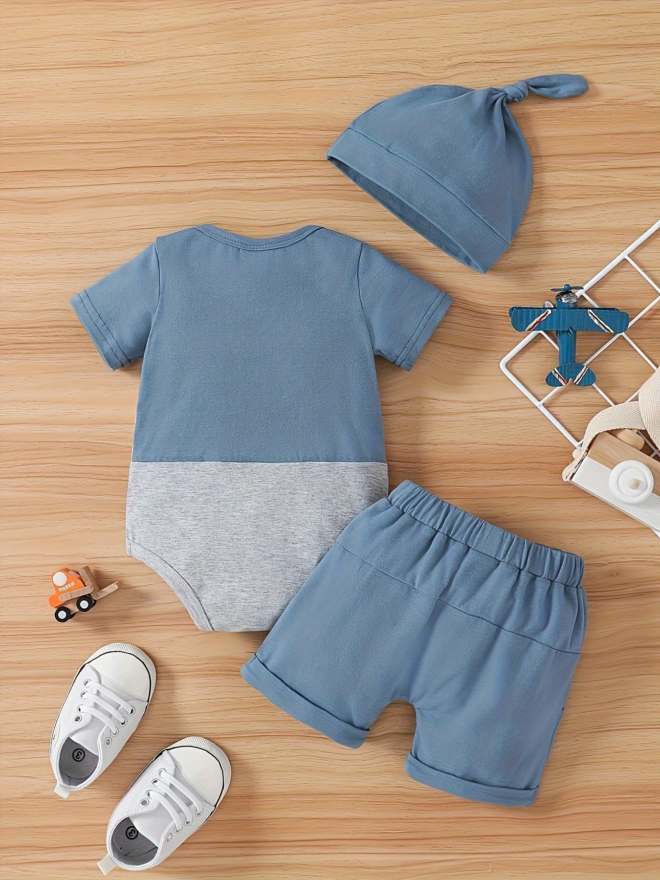 3pcs Baby Boy Summer New Letter Print Patchwork Jumpsuit Shorts And Hat Set, for Outdoor
