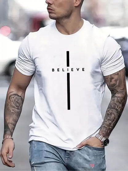 Men's BELIEVE Pattern T-Shirt- Black with White Print, Regular Fit Casual Summer Short Sleeve, Machine Washable, Street Style Design, Simple Comfortable Fabric, Lightweight Top, Trendy Streetwear Essential