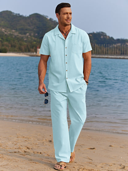 Men 2pcs Linen Outfit Beach Button- Shirt Casual Loose Pant Sets