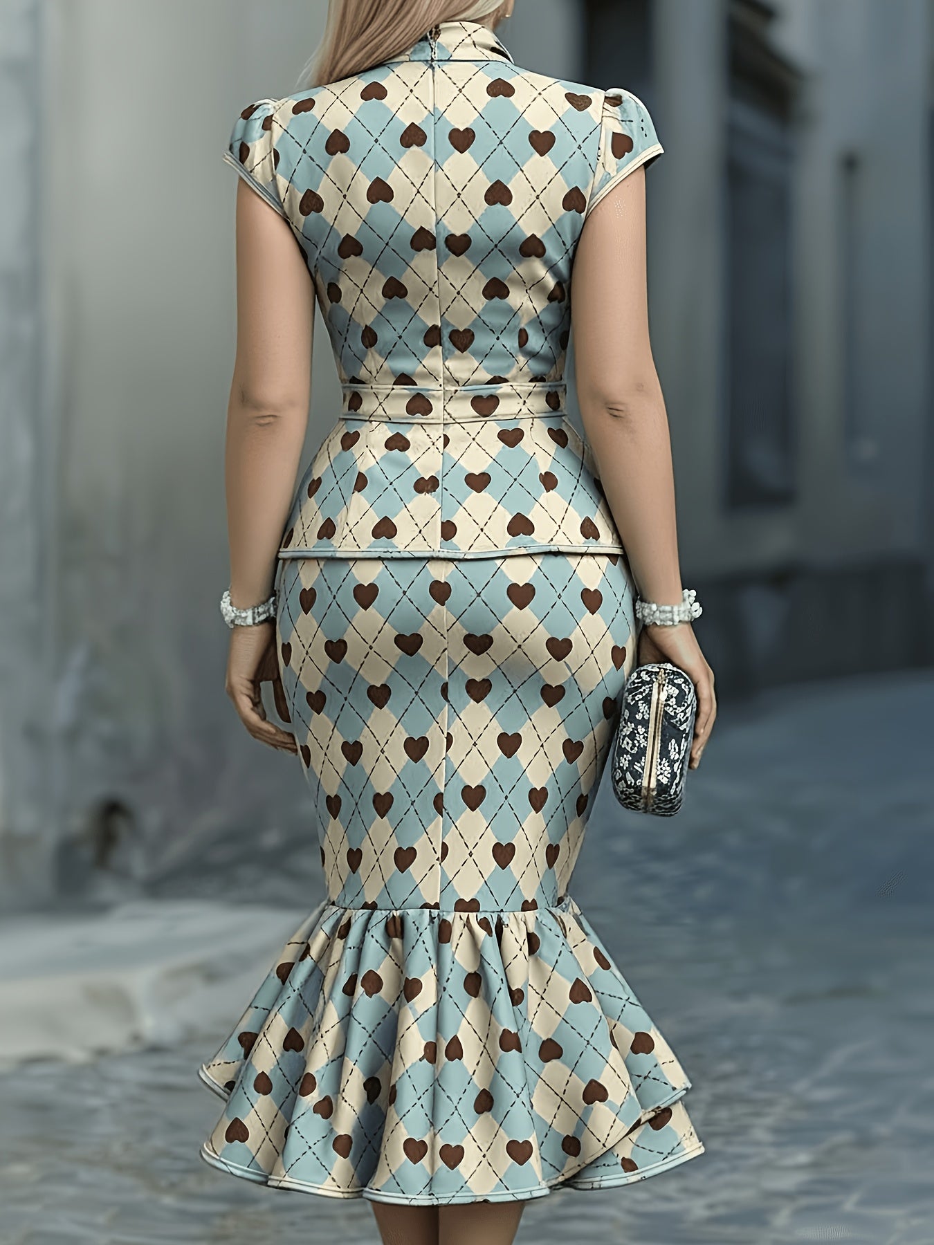 Light Blue Argyle Brown Heart Bow-Neck Waist- Short-Sleeve Top + Mermaid Skirt Women's Retro Set | Exquisite Playful Eye-Catching Style Perfect for Parties, Dating Commutes & Light Social Occasions Looks