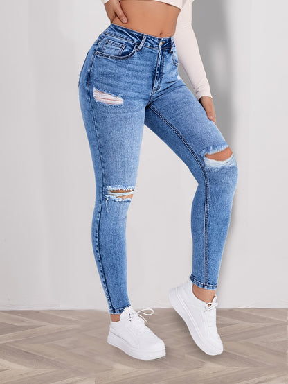 Women'S High-Waisted Skinny Jeans - Distressed Blue Denim Stretch Slim Fit with Button Closure, Long Length & All-Season Casual Style for Casual Attire, Highwaisted Trousers | Comfortable Fashion