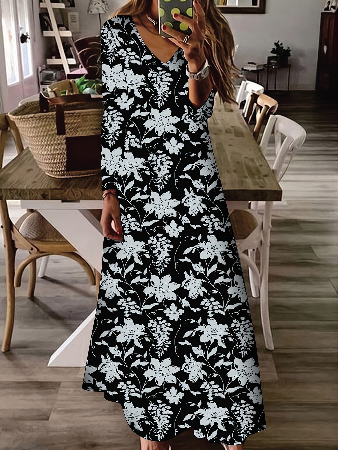 Spring, Summer, Autumn Small Floral Holiday V-neck Women's Thin Elegant Long Dress