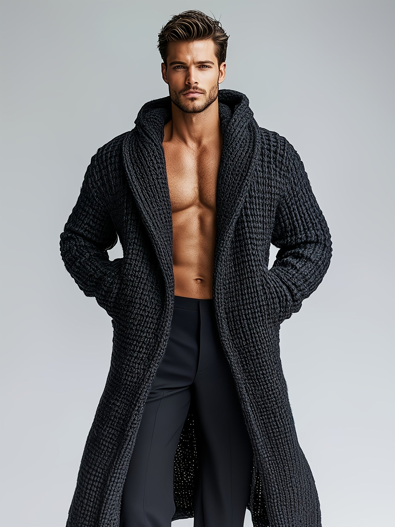 Men'S Knit Long Hooded Cardigan