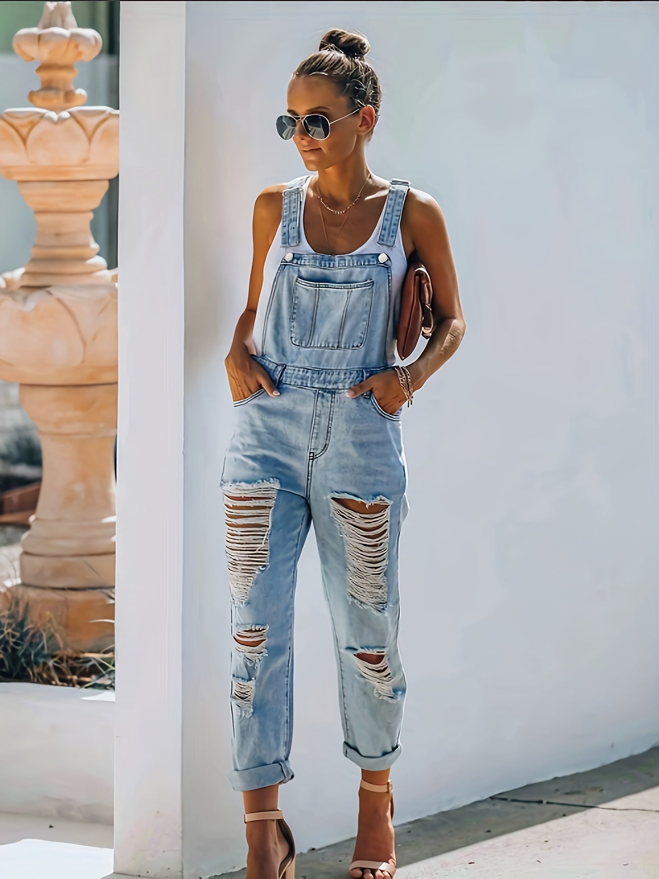 Women'S Blue Denim Overalls Featuring Adjustable Straps, Distressed Accents, And Pockets - a Stylish Backless Jumpsuit Perfect for Gatherings And Outings, Ideal for Outdoor Activities | Rigid Denim Fabric