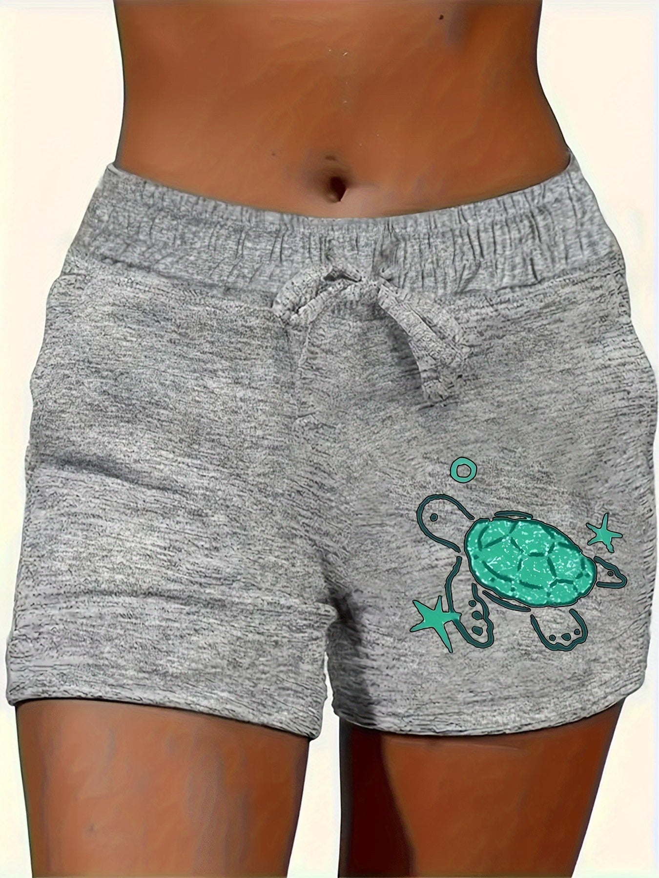 Turtle Print Drawstring Pants, Casual Daily Free and plaid Women's Shorts