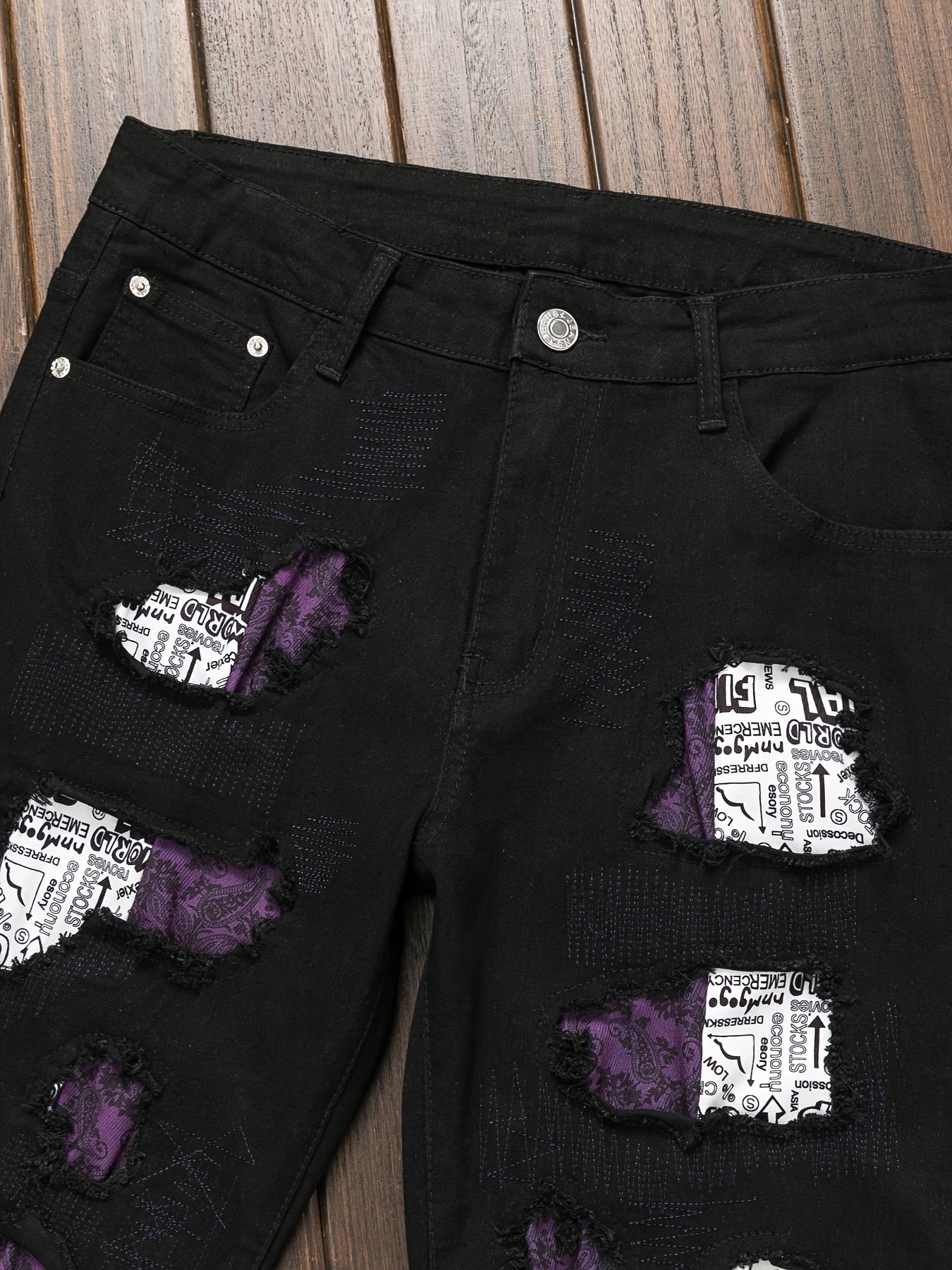 Men'S Ripped And Patched Hip Hop Skinny Washed Denim Jeans, Spring Summer Outdoor, Street Style