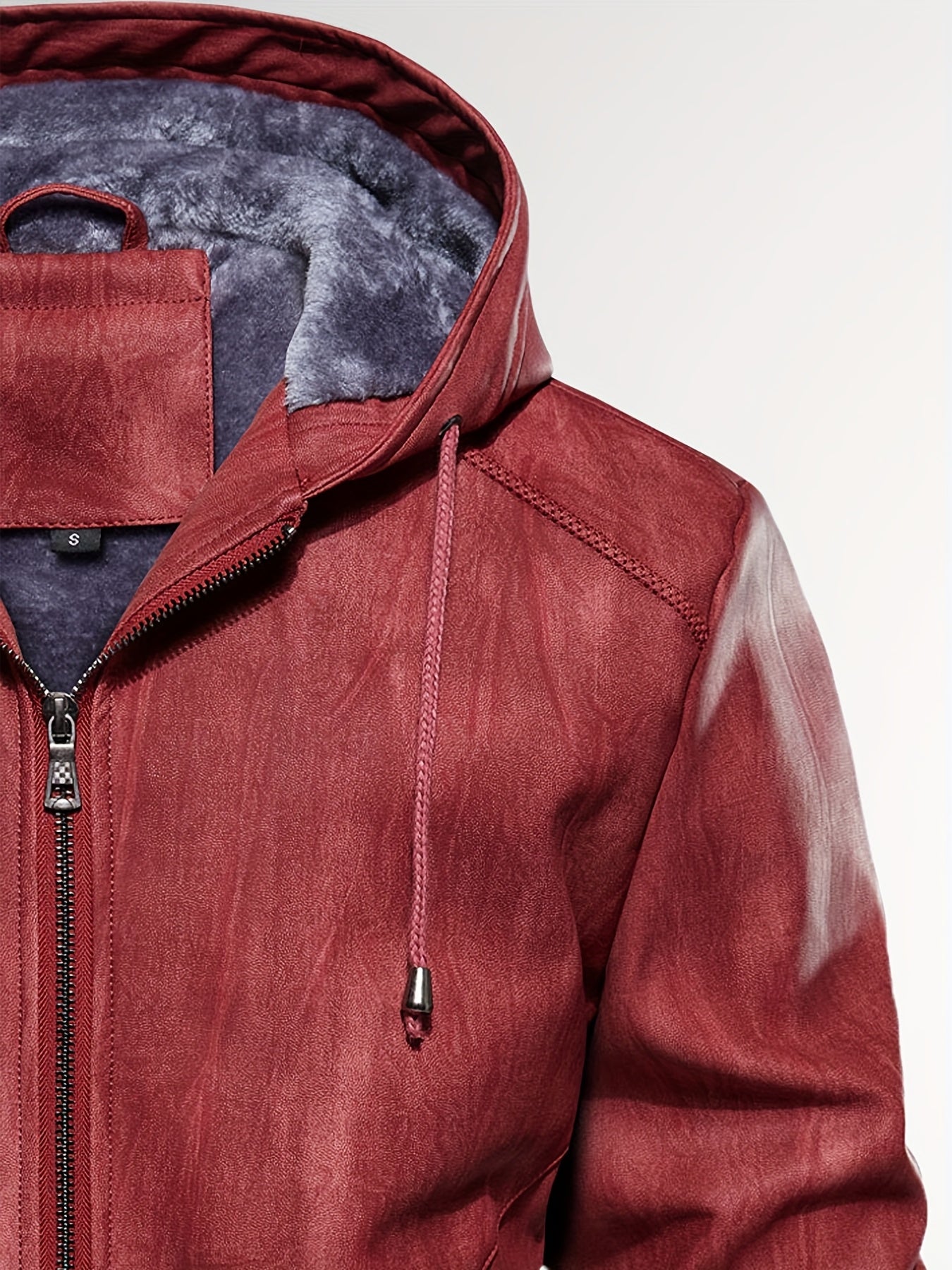 Men's Sherpa Lined PU Leather Jacket Warm Winter Hooded Motorcycle Jacket High Quality And Windproof Leather Biker Jacket Drawstring