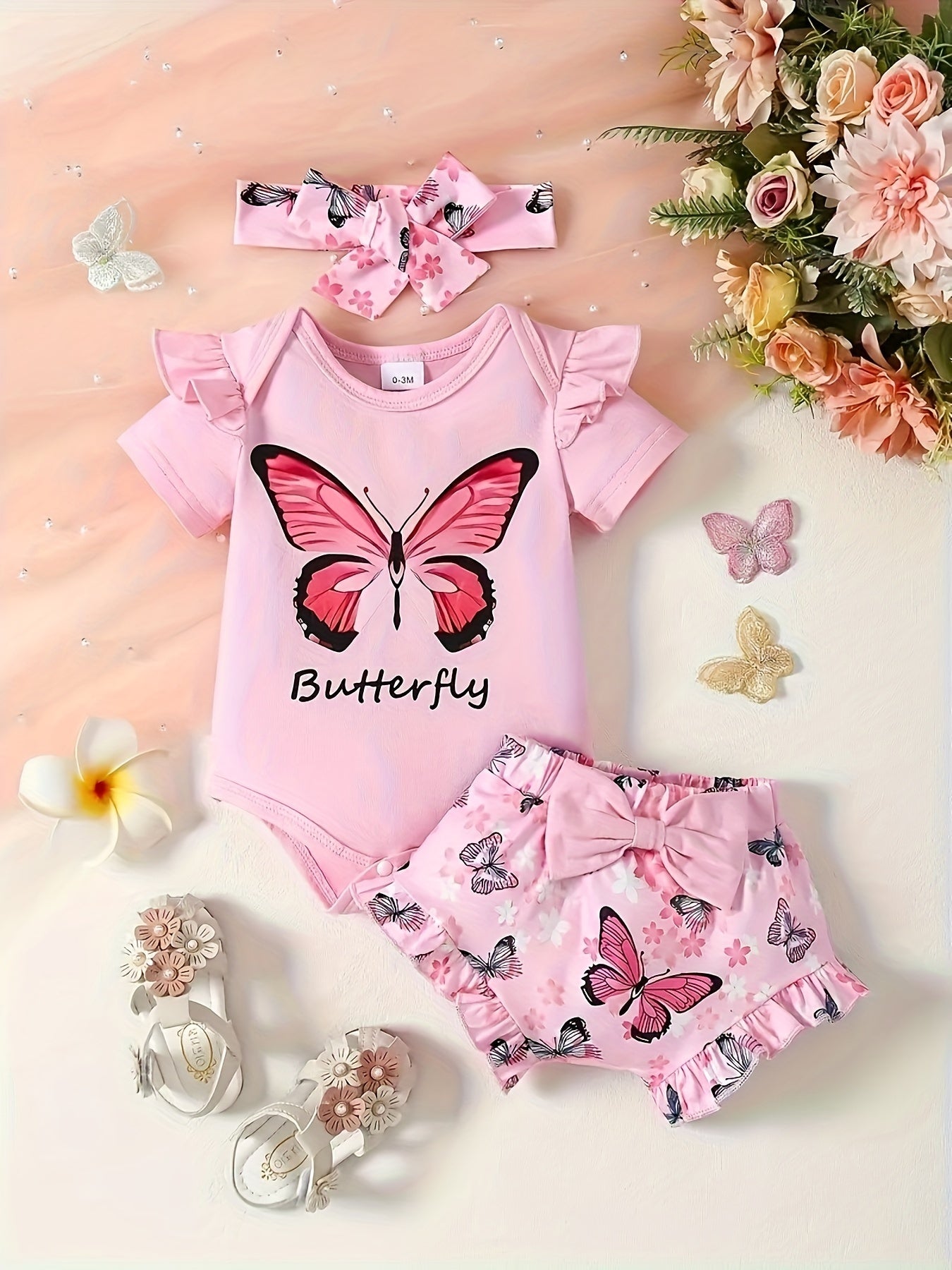 Baby Girl Cute Butterfly Patterned Round Neck Jumpsuit, Casual Bow Printed Shorts And Headband Three-Piece Set, for Outdoor