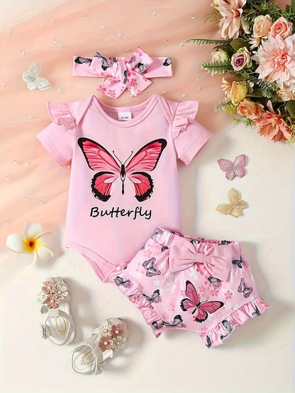 Baby Girl Cute Butterfly Patterned Round Neck Jumpsuit, Casual Bow Printed Shorts And Headband Three-Piece Set, for Outdoor