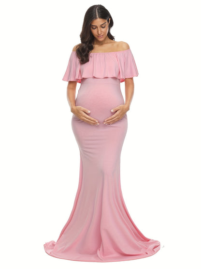 Womens Off Shoulder Maternity Dress Ruffles Elegant Slim Gowns Fit Maxi Photography Dress