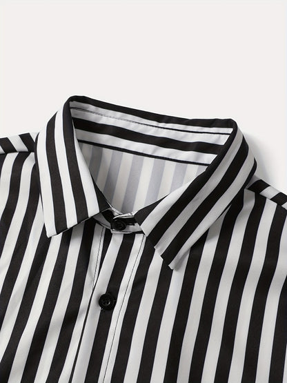 2pcs Men'S Casual Summer Outfit Set, Striped Short Sleeve Button Up Lapel Shirt Top & Solid Drawstring Shorts With Pockets For Casual Daily Wear And Holiday Resorts
