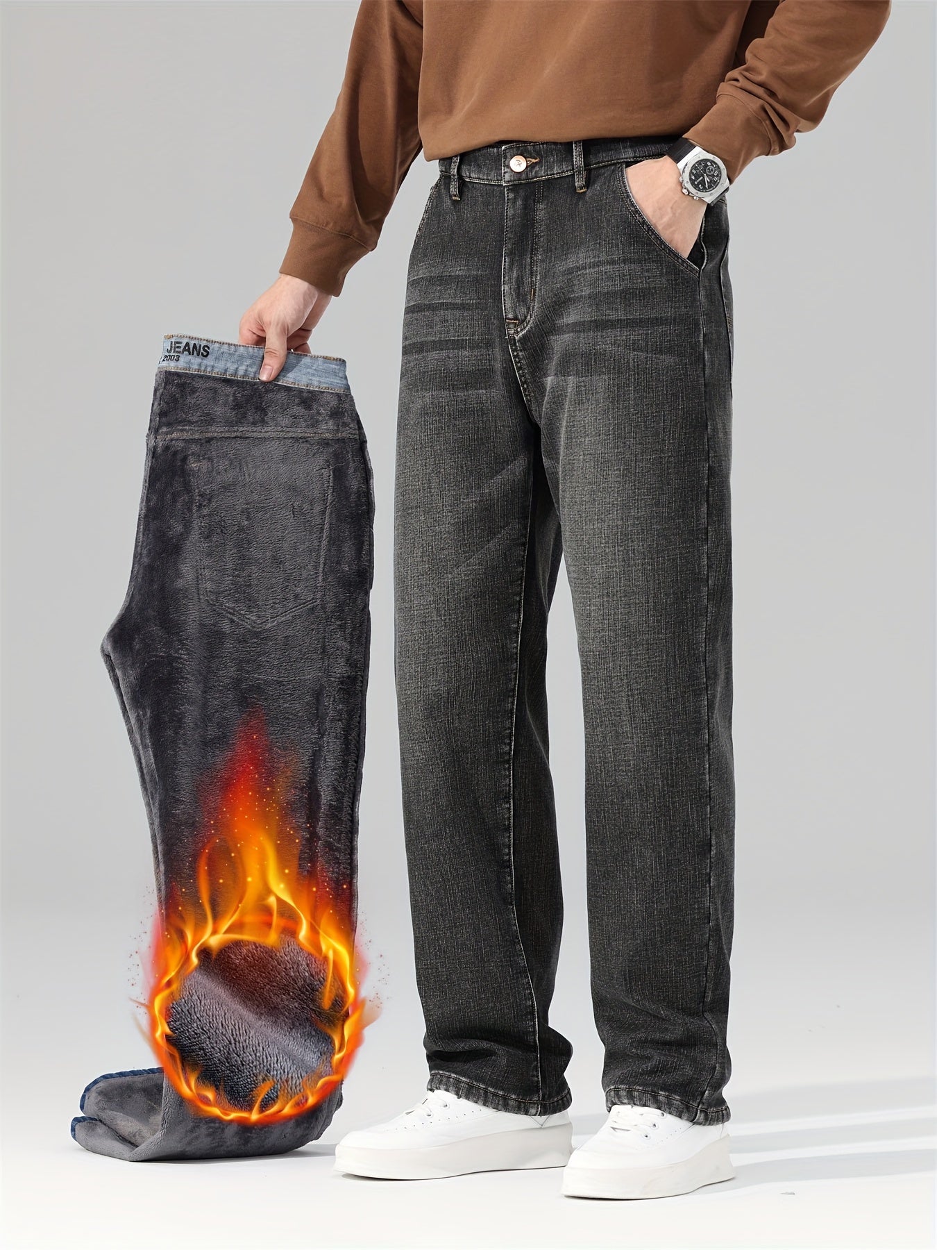 Men's Warm Fleece Stretch Jeans, Loose Casual Fleece Jeans, Straight Mid-waist Fashionable Versatile Jeans, Suitable For Daily, Business, Outdoor