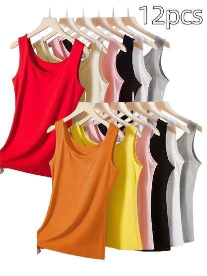 12pcs Women's Sleeveless Blouses & - Solid Color -Chic Sleeveless Shirts, Sleeveless Vest for Layering, Full Color Palette ( Neutrals to Tones) - Breathable Machine-Washable Casual Wear for Home & Outfits, Versatile