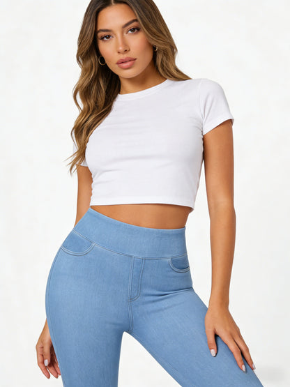 Pull On Skinny Jeans for Women, Stretchy High Waisted Leggings Trendy Tummy Control Demin Jegging with Pockets