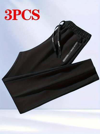 Men's 3pcs Set Solid Color Loose Casual Sport Pants - Letter-printed Zipper Pockets, Elastic Drawstring Waist, All-season Fitness And Daily Jogging Pants, Machine-washable Black/navy Blue/gray - Mens Sweatpants for Summer 3pcs with Pockets